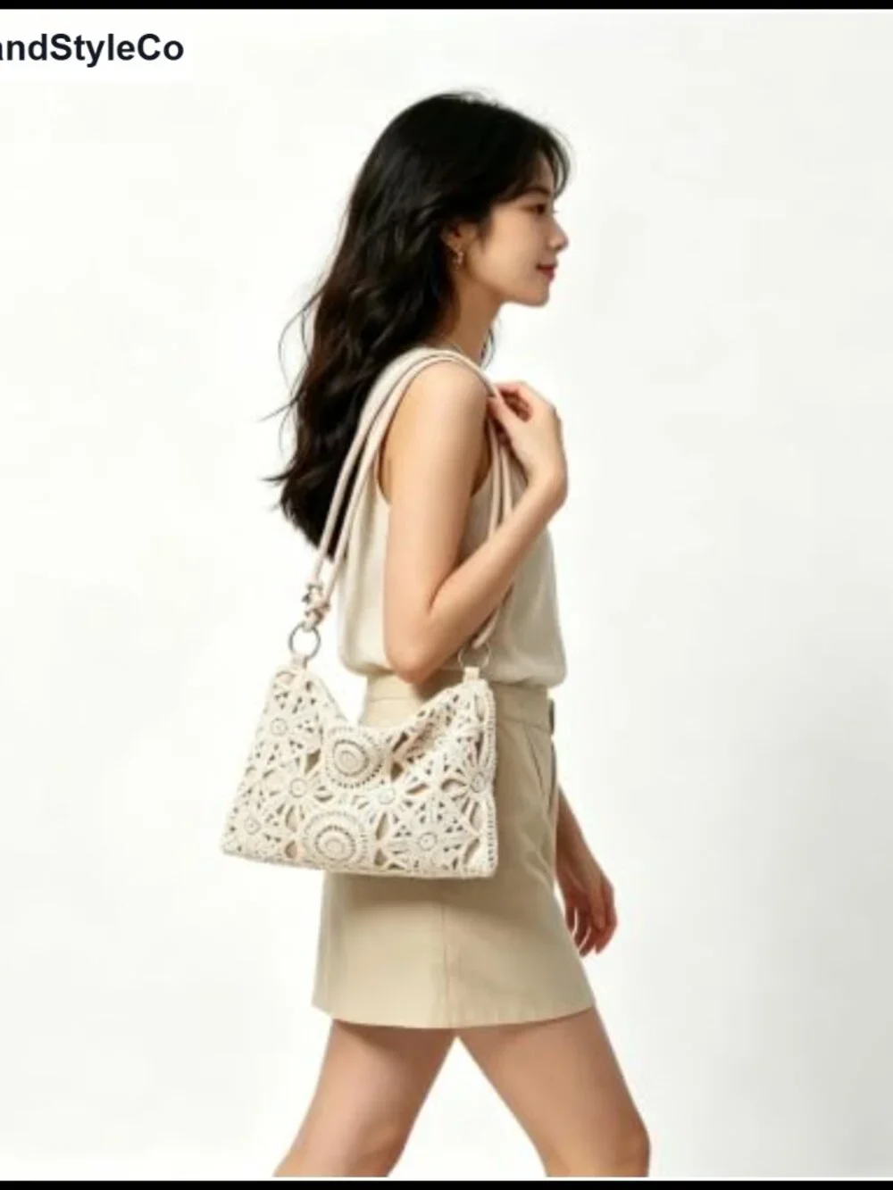 Boho Crochet Woven Shoulder Bag with Metal Ring Clasp for Beach